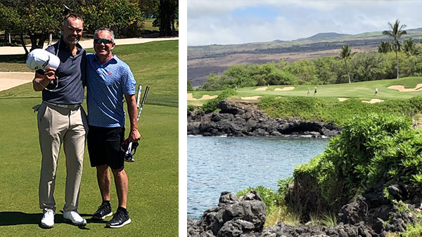 Men playing golf, scenic photo of Hawaii